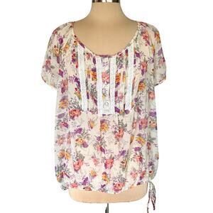 a.n.a. Sheer Floral Lace Trimmed Top Short Sleeves Sz 1X Fairy Feminine Romantic